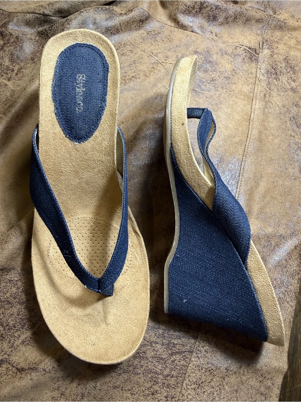 53. Style & Co. Navy Fabric Wedge Thong Sandals with Tan Footbed
